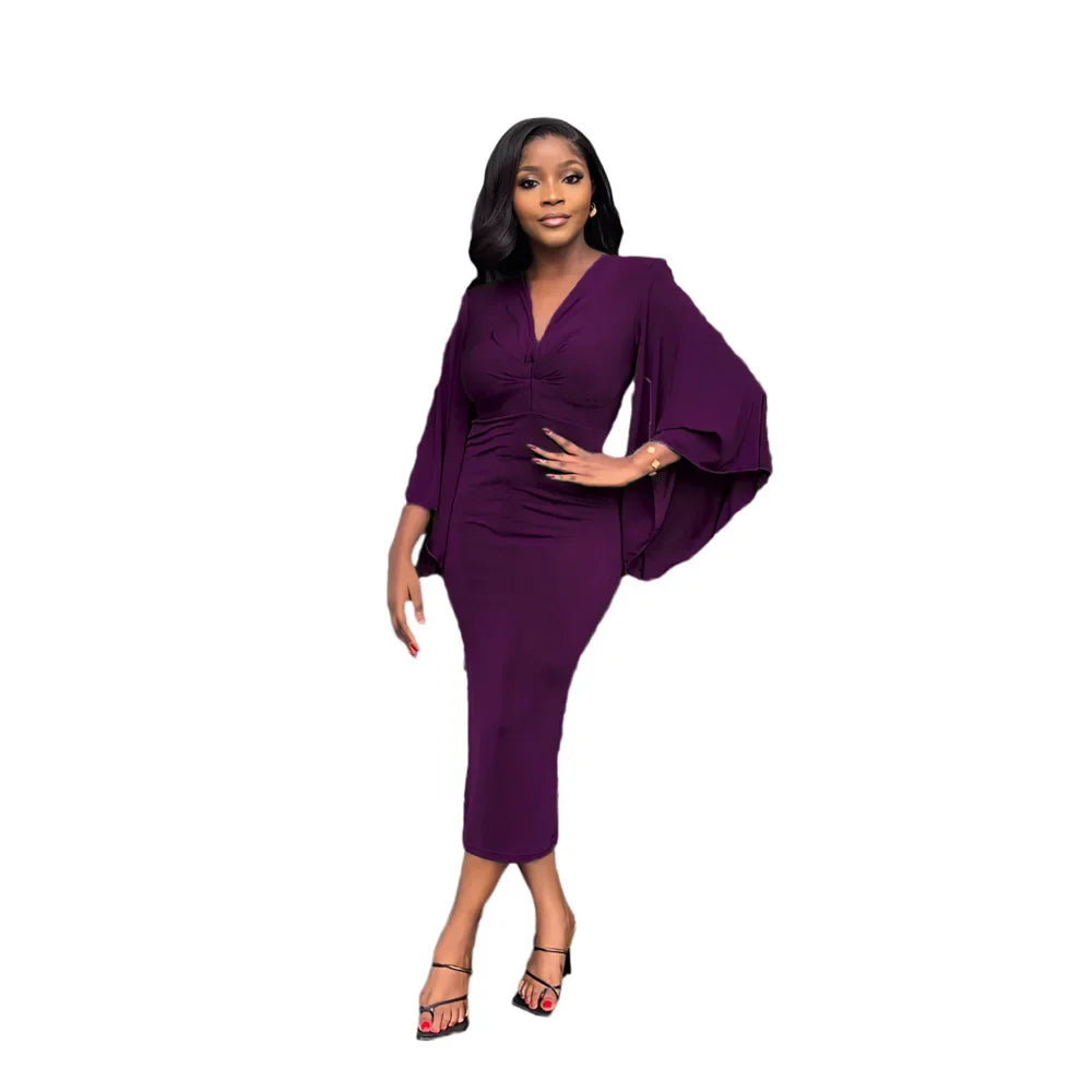 Prowow Elegant Women Maxi Dress V-neck Slim Fit Long Batwing Sleeve Bodycon Outfit Solid Color Evening Party Office Lady Clothes - Next-Wave-Shopping