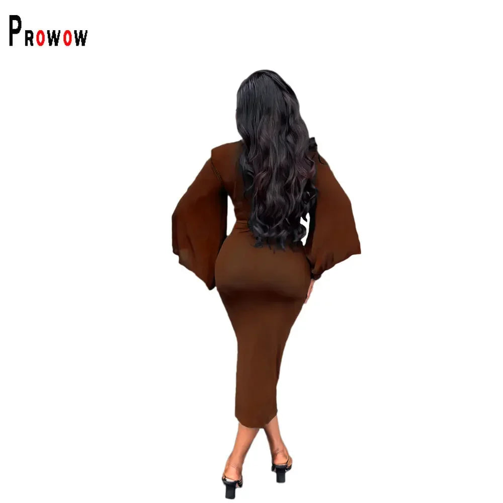 Prowow Elegant Women Maxi Dress V-neck Slim Fit Long Batwing Sleeve Bodycon Outfit Solid Color Evening Party Office Lady Clothes - Next-Wave-Shopping