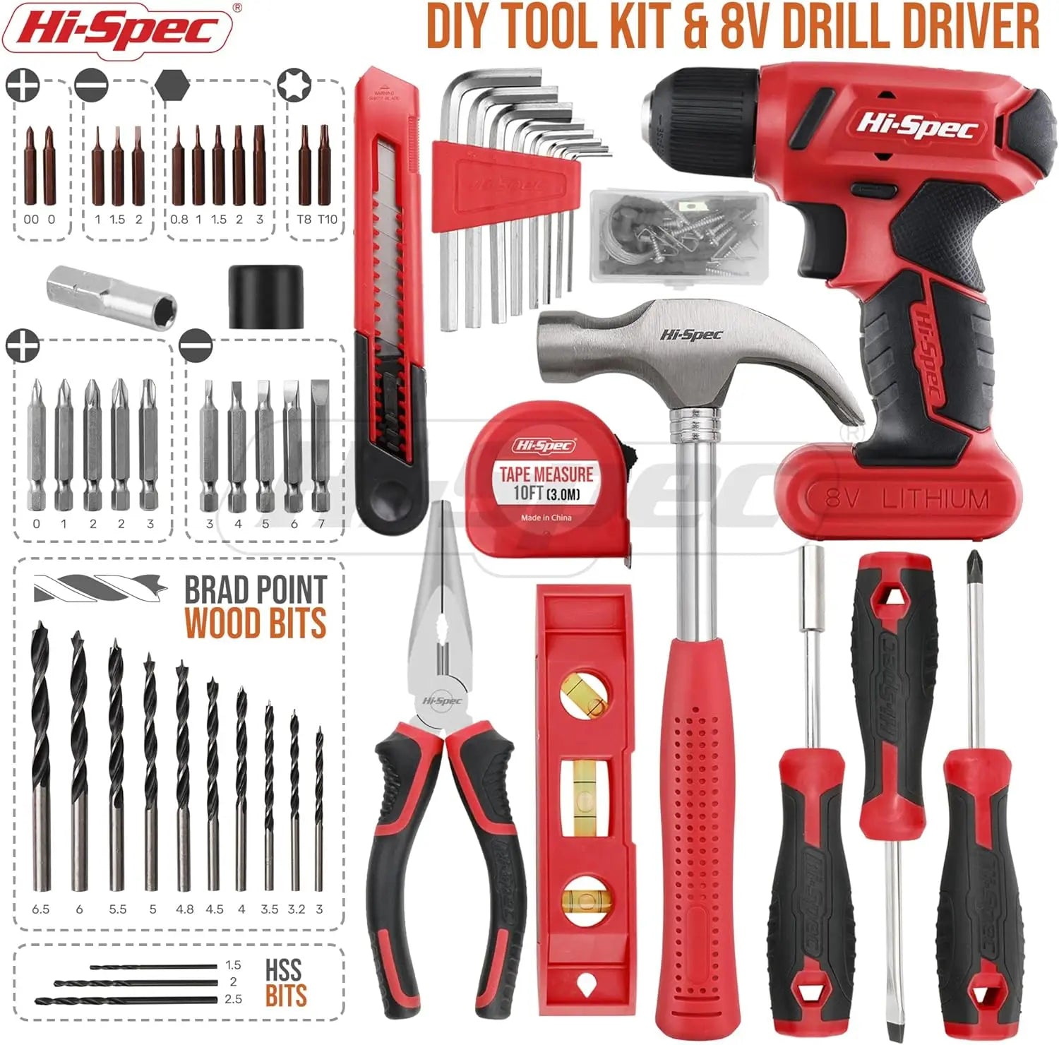 58pc Red 8V Electric Drill Driver & Household Tool Kit Set - Next-Wave-Shopping