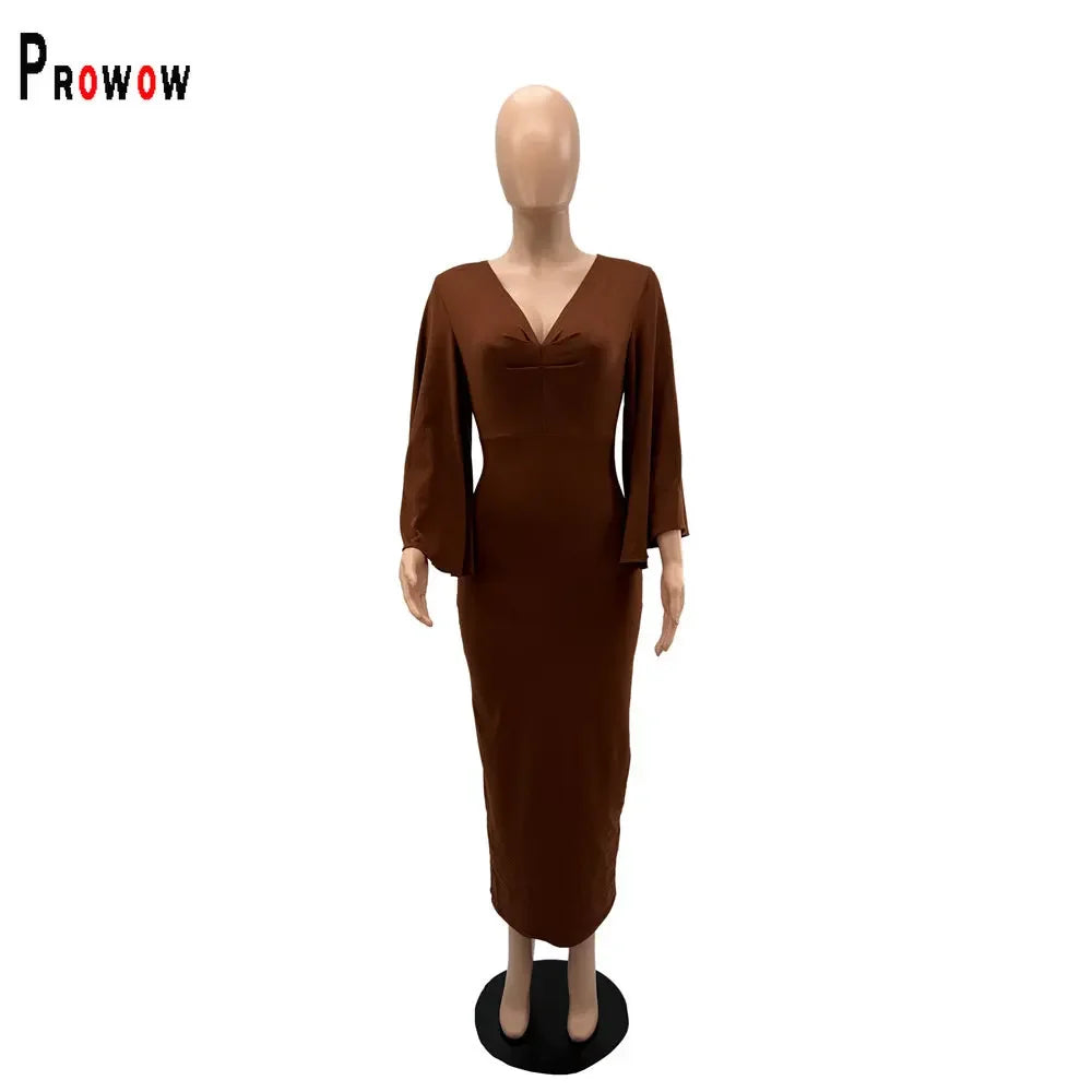 Prowow Elegant Women Maxi Dress V-neck Slim Fit Long Batwing Sleeve Bodycon Outfit Solid Color Evening Party Office Lady Clothes - Next-Wave-Shopping