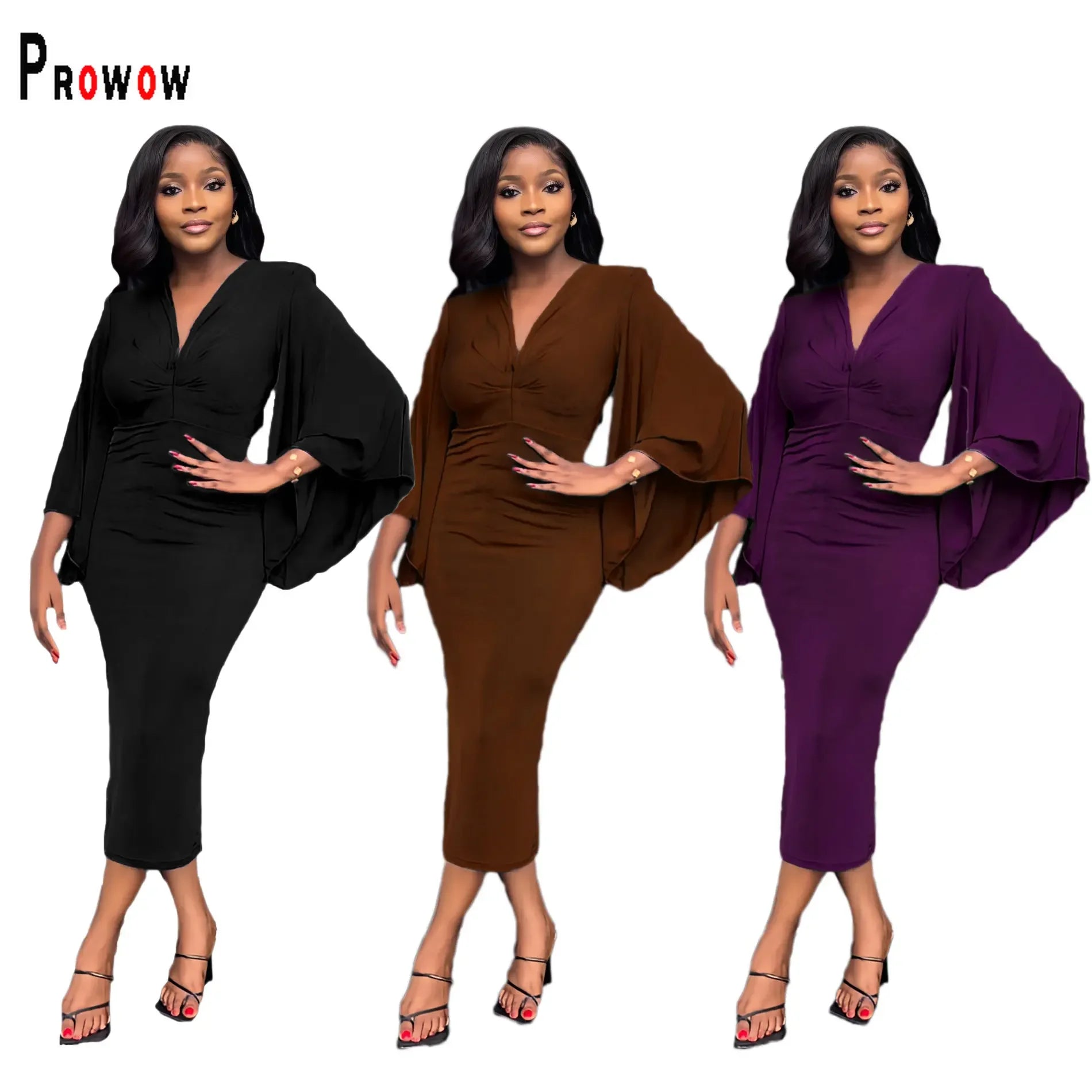 Prowow Elegant Women Maxi Dress V-neck Slim Fit Long Batwing Sleeve Bodycon Outfit Solid Color Evening Party Office Lady Clothes - Next-Wave-Shopping