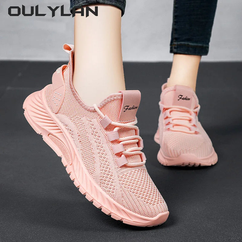 Oulylan Womens Sneakers 2024 Fall Fashion Slip On Walking Shoes Lady Casual Knit Breathable Flats Tennis Shoes - Next-Wave-Shopping