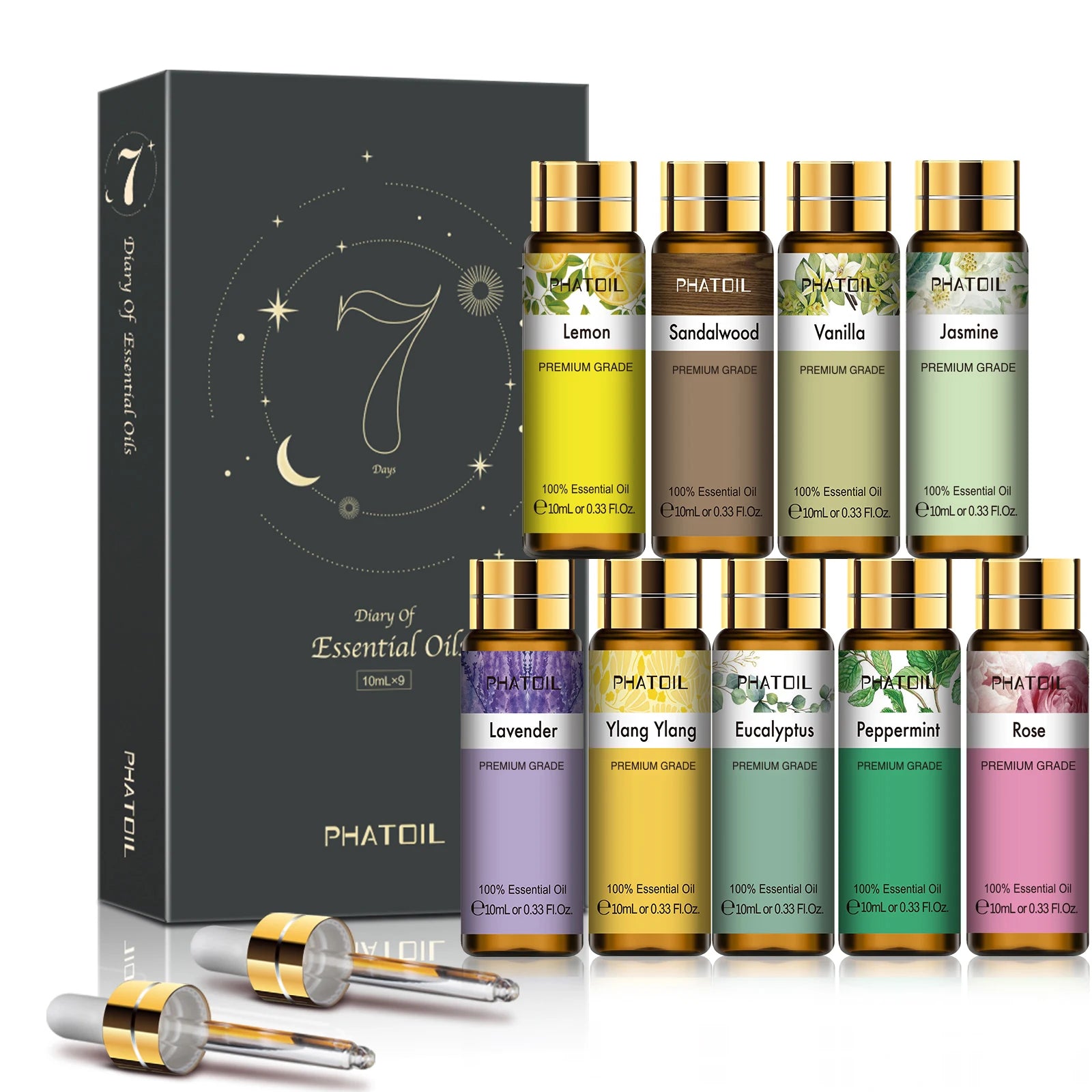 9pcs 10ml Diffuser Aroma Oil Pure Natural Essential Oils Gift Set Kit Rose Lavender Jasmine Eucalyptus Vanilla Mint Ylang Ylang - Next-Wave-Shopping