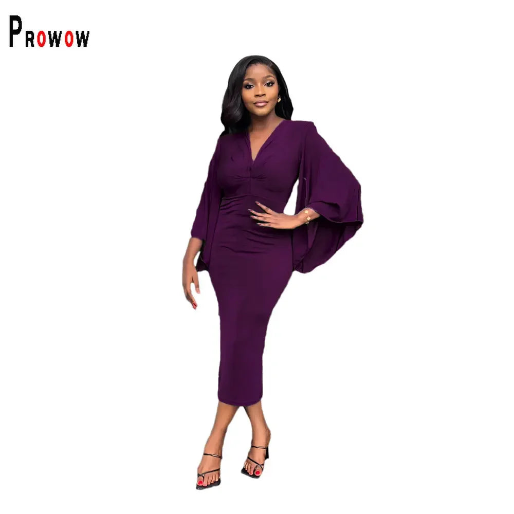 Prowow Elegant Women Maxi Dress V-neck Slim Fit Long Batwing Sleeve Bodycon Outfit Solid Color Evening Party Office Lady Clothes - Next-Wave-Shopping