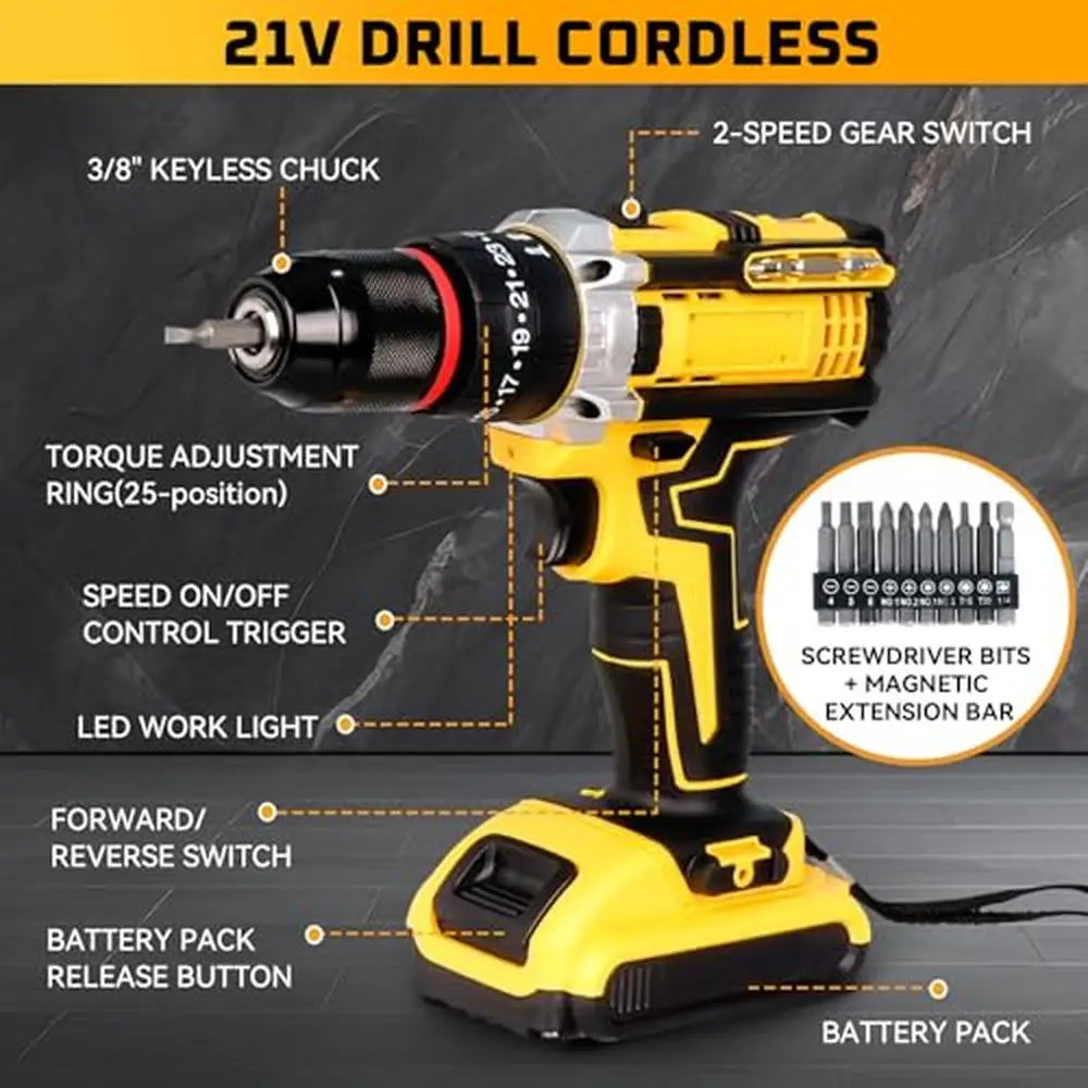 21V Cordless Drill Kit with 120PCS Hand Tools 2 x 2.0Ah Batteries and Charger 3/8'' Chuck 2-speed Power Drill LED Worklight - Next-Wave-Shopping