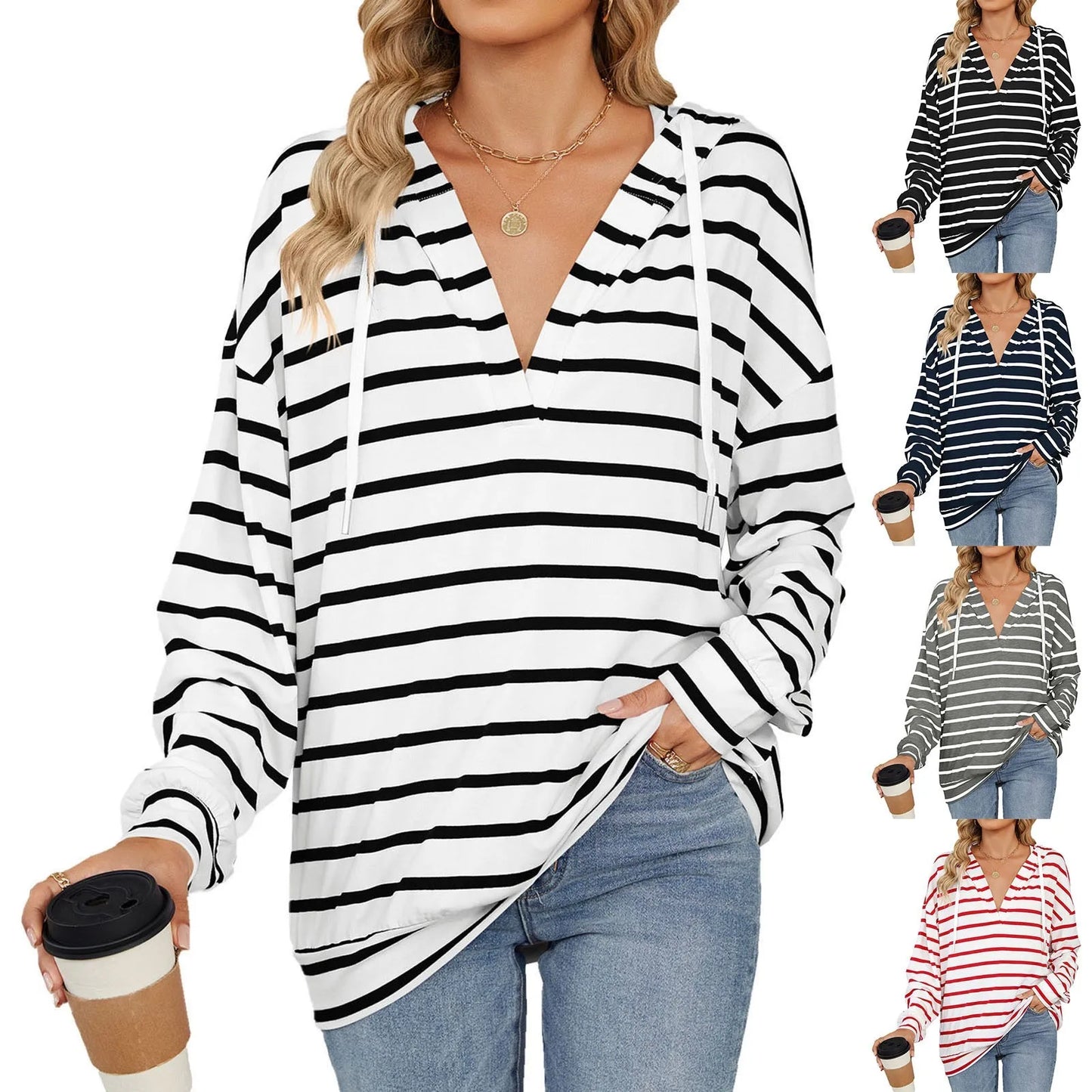 Loose Fit Women's T-Shirt Autumn And Winter Drawstring Y2k Hooded Clothes Long Sleeve Striped Ladies Tops Comfortable Camisetas - Next-Wave-Shopping